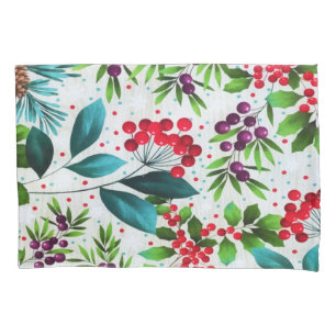 Christmas Winter Wood Nature Holly Berry Pinecones Pillow Case