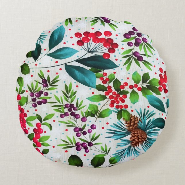 Christmas Winter Wood Nature Holly Berry Pinecones Round Pillow (Front)