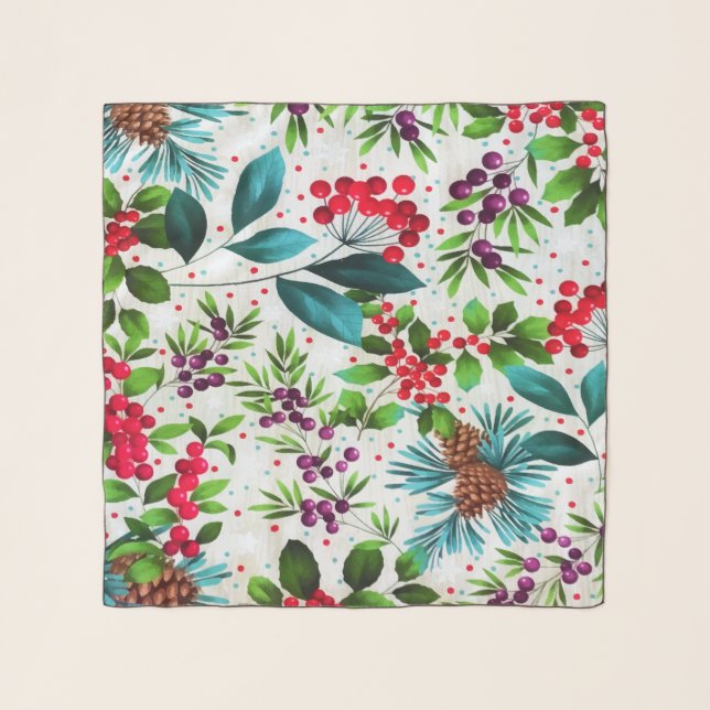 Christmas Winter Wood Nature Holly Berry Pinecones Scarf (Front)