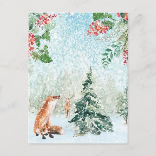 Christmas Winter Woodland Fox  Stag Scene Postcard