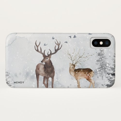 Christmas winter woods with Christmas deer iPhone X Case