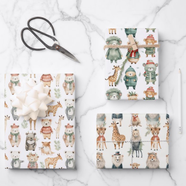 Christmas Winter Zoo Animals in Sweaters Wrapping Paper Sheets (Front)