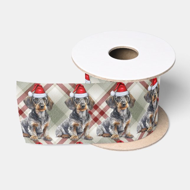 Christmas Wire Hair Dachshund Dog Holiday Plaid Satin Ribbon (Spool)