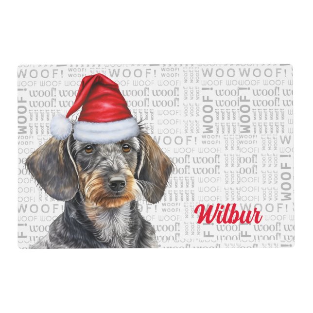 Christmas Wirehair Dachshund with Name Pet Dinner Placemat (Back)