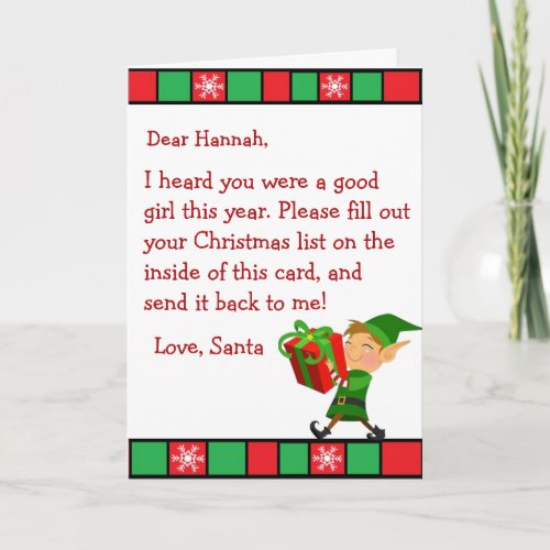 Christmas Wish Letter from Santa Claus female Holiday Card