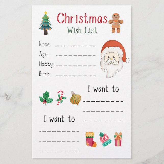Christmas Wish List Holiday Stationery (Front)