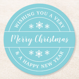 Christmas Wish Snowflakes Blue Typography Round Paper Coaster