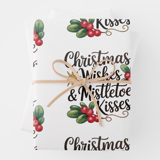 Christmas Wishes And Mistletoe Kisses Family Xmas Wrapping Paper Sheets (In situ)