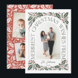 Christmas Wishes Arch with 3 Photo Collage Holiday Card<br><div class="desc">A unique and modern holiday card featuring an arch photo shape with modern styled typography that curves elegantly around your photo, and original hand-drawn winter foliage artwork. The back features a matching pattern and a 3 photo collages you can share more of your favorite photos. Easily personalize the front and...</div>