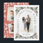 Christmas Wishes Arch with 3 Photo Collage Holiday Card<br><div class="desc">A unique and modern holiday card featuring an arch photo shape with modern styled typography that curves elegantly around your photo, and original hand-drawn winter foliage artwork. The back features a matching pattern and a 3 photo collages you can share more of your favorite photos. Easily personalize the front and...</div>