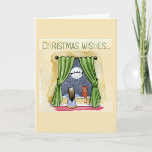 Christmas Wishes Child & Kitty Cat Xmas Card