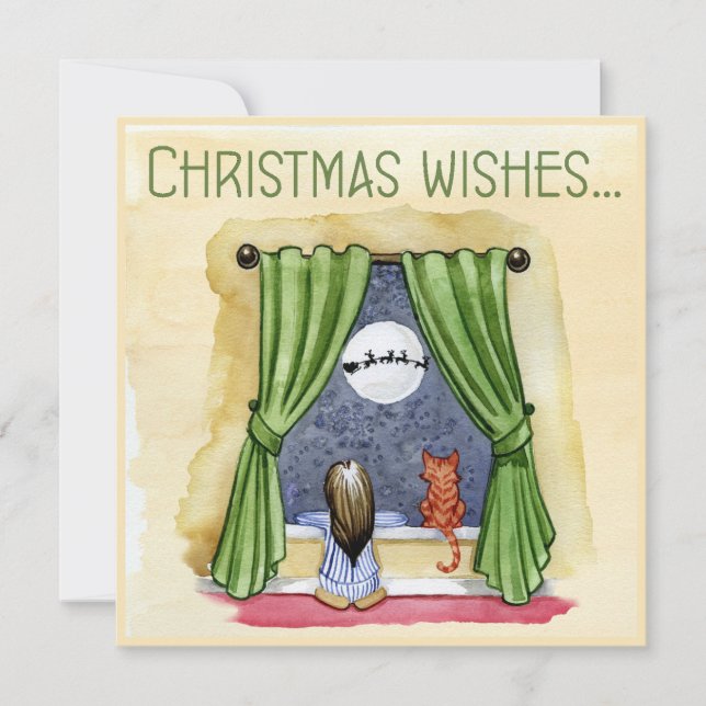 Christmas Wishes Child & Kitty Cat Xmas Holiday Card (Front)
