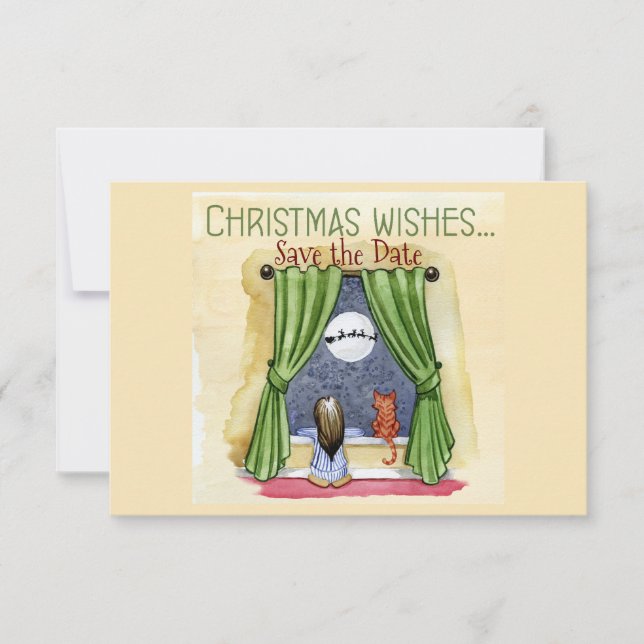 Christmas Wishes Child & Kitty Cat Xmas Party Save The Date (Front)