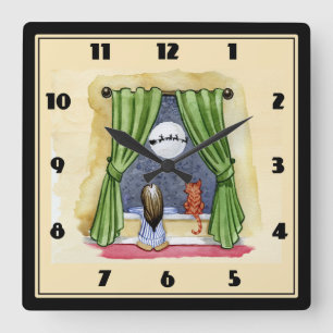 Christmas Wishes Child & Kitty Cat Xmas Square Wall Clock