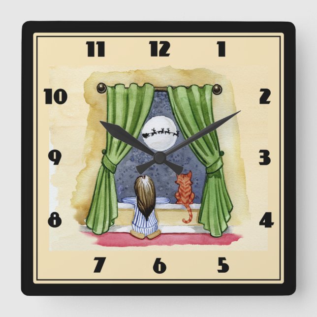 Christmas Wishes Child & Kitty Cat Xmas Square Wall Clock (Front)