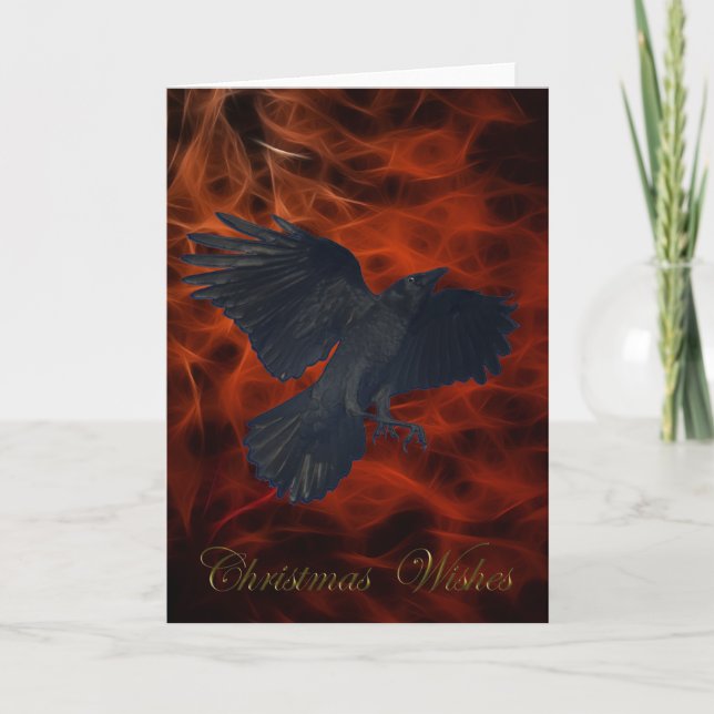 "Christmas Wishes" Crow on Red Fractals Xmas Card (Front)