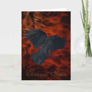"Christmas Wishes" Crow on Red Fractals Xmas Card