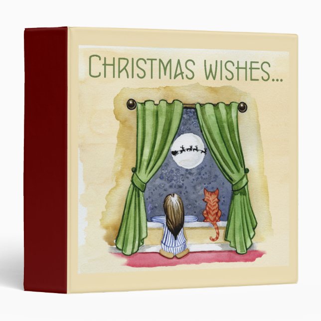 Christmas Wishes Cute Child & Kitty Cat Xmas 3 Ring Binder (Front/Spine)