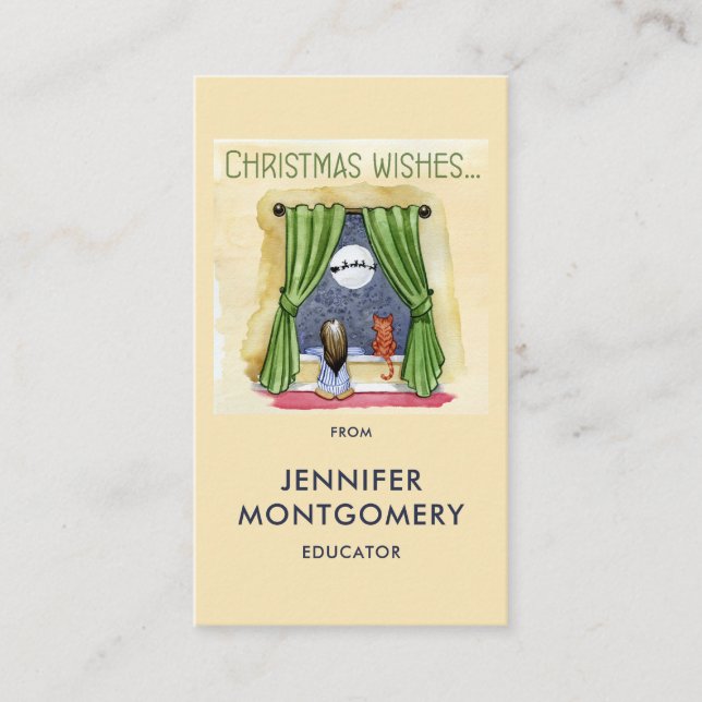 Christmas Wishes Cute Child & Kitty Cat Xmas Business Card (Front)