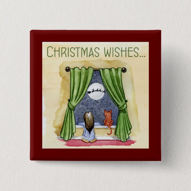 Christmas Wishes Cute Child & Kitty Cat Xmas Button (Front)