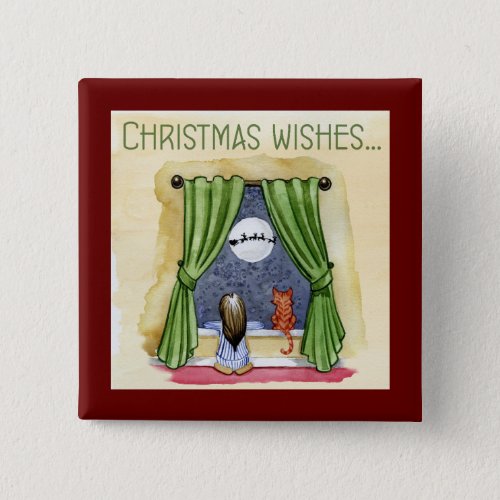 Christmas Wishes Cute Child  Kitty Cat Xmas Button