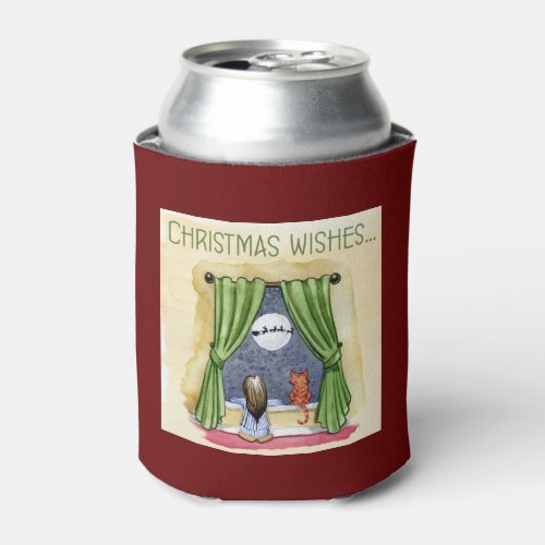 Christmas Wishes Cute Child  Kitty Cat Xmas Can Cooler