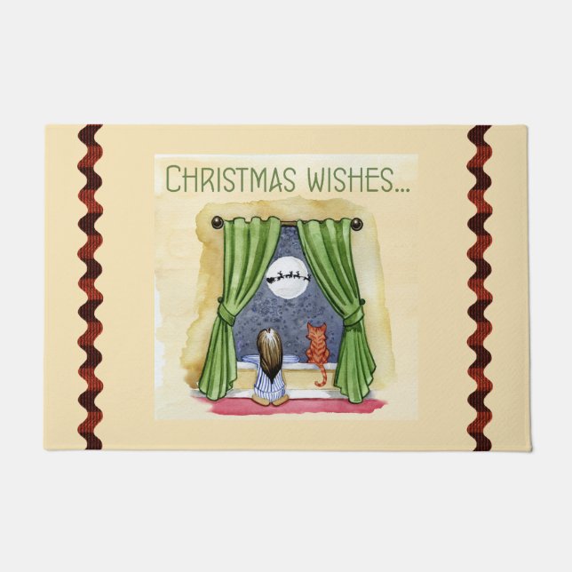 Christmas Wishes Cute Child & Kitty Cat Xmas Doormat (Front)