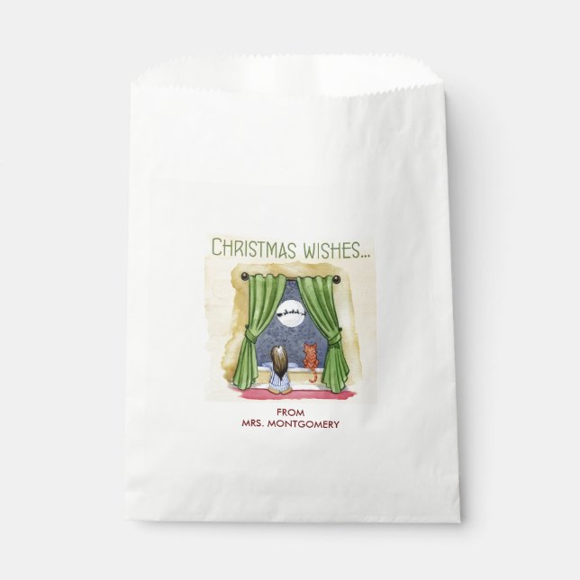 Christmas Wishes Cute Child & Kitty Cat Xmas Favor Bag (Front)