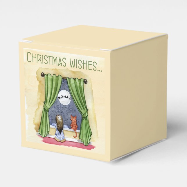 Christmas Wishes Cute Child & Kitty Cat Xmas Favor Boxes (Front Side)