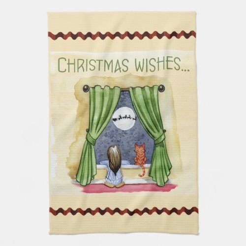 Christmas Wishes Cute Child  Kitty Cat Xmas Kitchen Towel