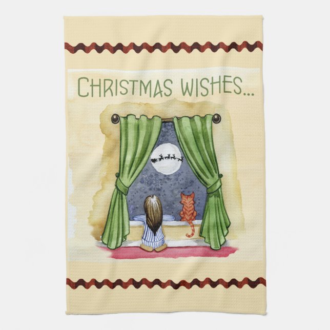 Christmas Wishes Cute Child & Kitty Cat Xmas Kitchen Towel (Vertical)