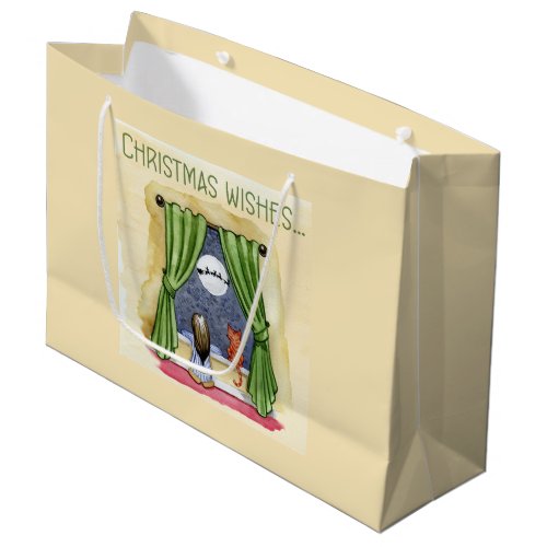 Christmas Wishes Cute Child  Kitty Cat Xmas Large Gift Bag