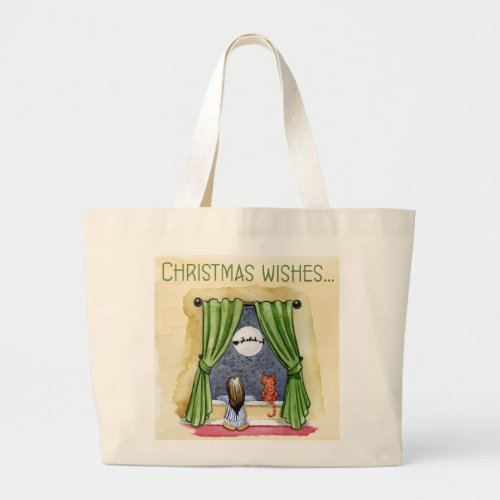 Christmas Wishes Cute Child  Kitty Cat Xmas Large Tote Bag