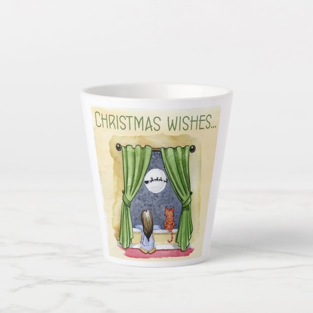 Christmas Wishes Cute Child & Kitty Cat Xmas Latte Mug (Front)