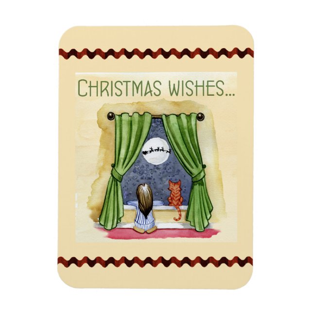Christmas Wishes Cute Child & Kitty Cat Xmas Magnet (Vertical)