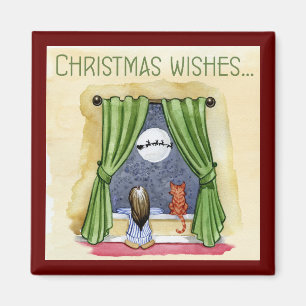 Christmas Wishes Cute Child & Kitty Cat Xmas Magnet