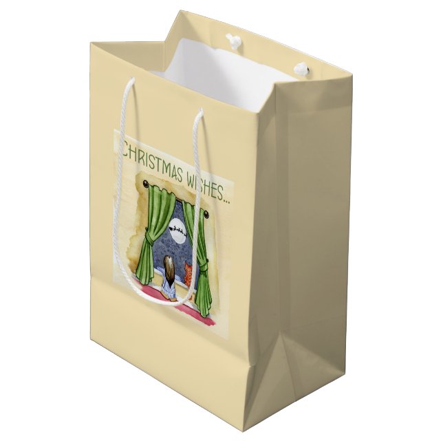 Christmas Wishes Cute Child & Kitty Cat Xmas Medium Gift Bag (Front Angled)