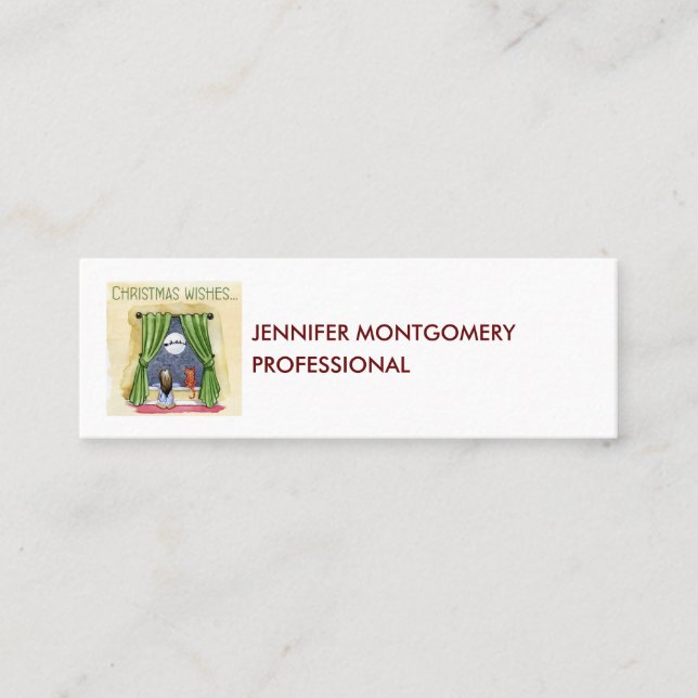 Christmas Wishes Cute Child & Kitty Cat Xmas Mini Business Card (Front)