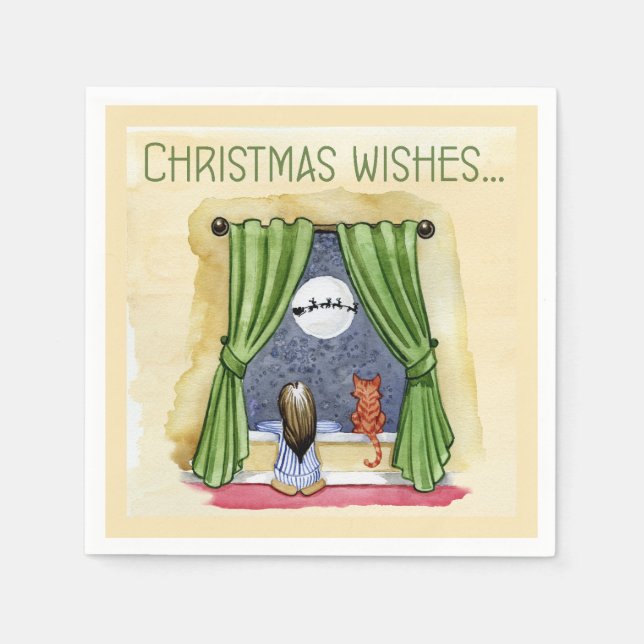 Christmas Wishes Cute Child & Kitty Cat Xmas Napkins (Front)