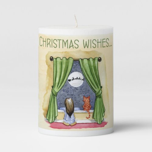 Christmas Wishes Cute Child  Kitty Cat Xmas Pillar Candle