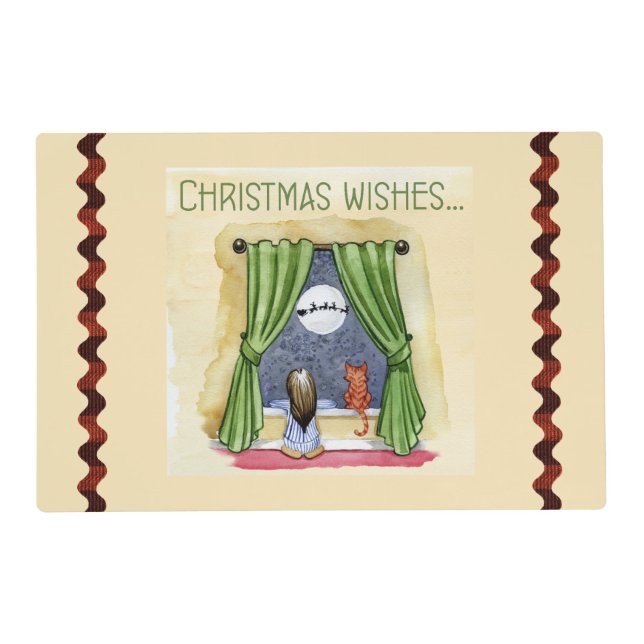 Christmas Wishes Cute Child & Kitty Cat Xmas Placemat (Front)