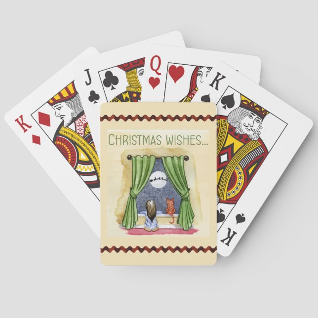 Christmas Wishes Cute Child & Kitty Cat Xmas Poker Cards (Back)