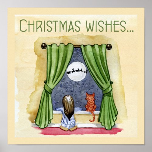 Christmas Wishes Cute Child  Kitty Cat Xmas Poster