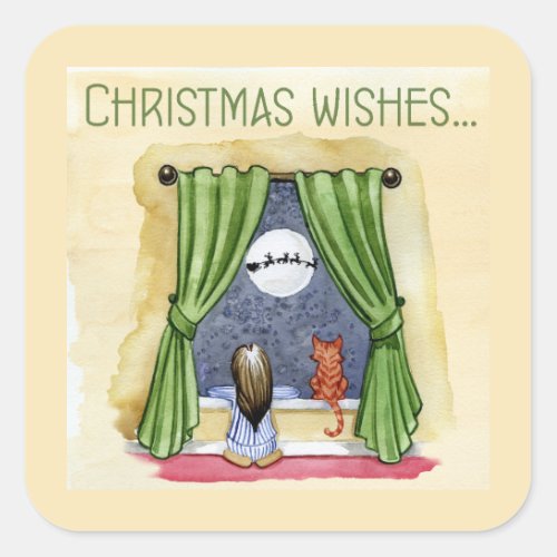Christmas Wishes Cute Child  Kitty Cat Xmas Square Sticker