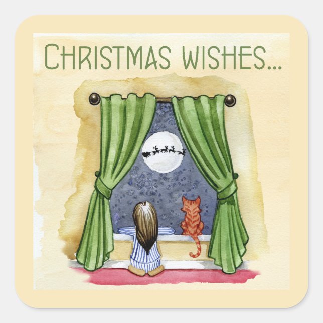 Christmas Wishes Cute Child & Kitty Cat Xmas Square Sticker (Front)