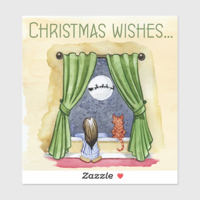 Christmas Wishes Cute Child & Kitty Cat Xmas Sticker (Sheet)