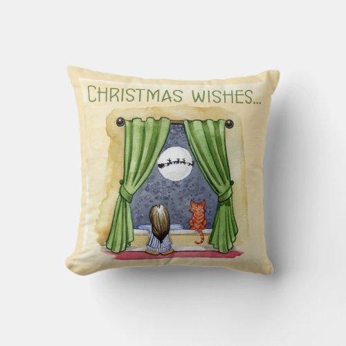 Christmas Wishes Cute Child  Kitty Cat Xmas Throw Pillow