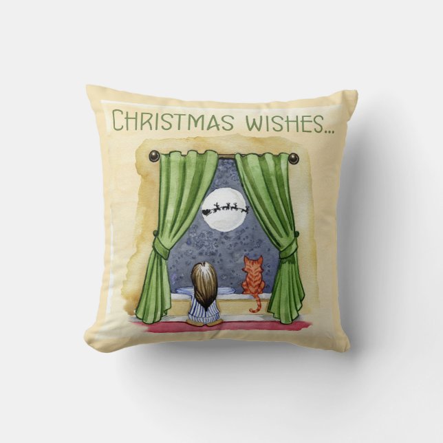 Christmas Wishes Cute Child & Kitty Cat Xmas Throw Pillow (Front)