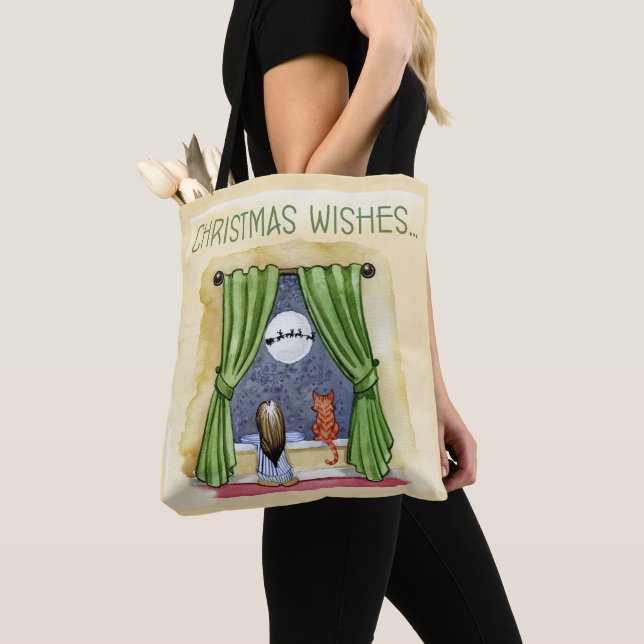 Christmas Wishes Cute Child & Kitty Cat Xmas Tote Bag (Close Up)