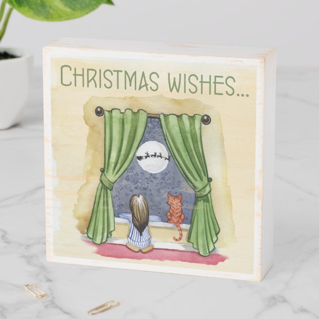 Christmas Wishes Cute Child & Kitty Cat Xmas Wooden Box Sign (In Situ Horizontal)
